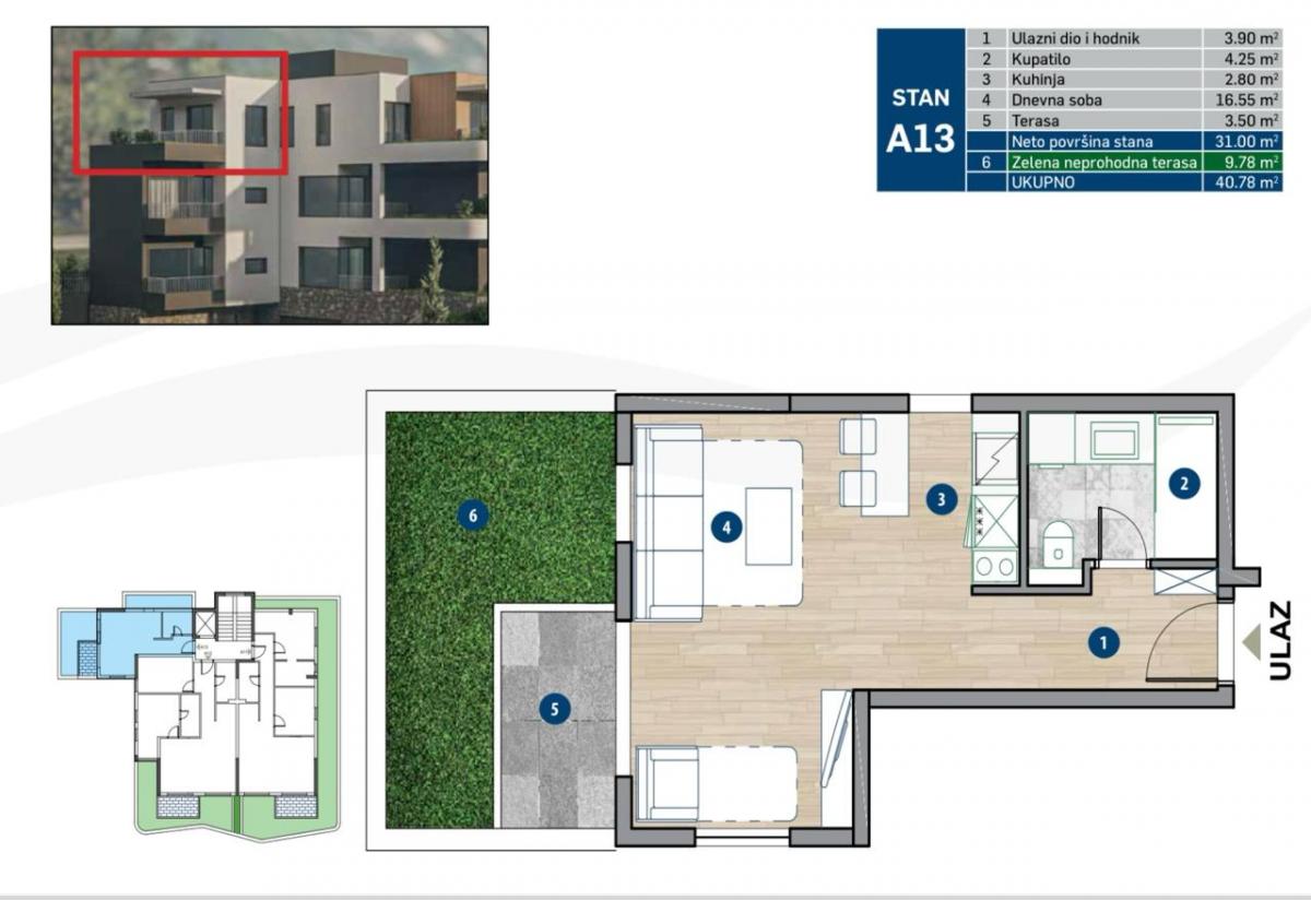 Jednosoban stan u Kotoru, 41m²