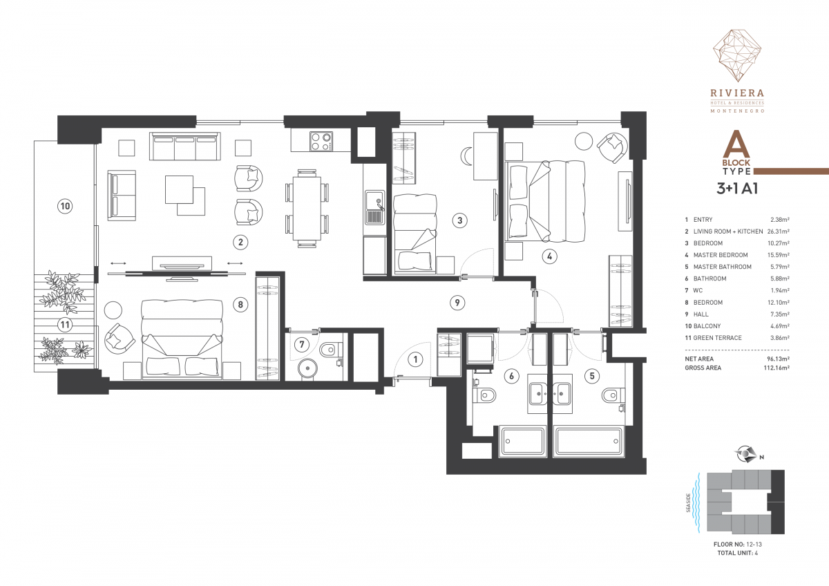 Three bedroom apartment in residential complex, Budva 2