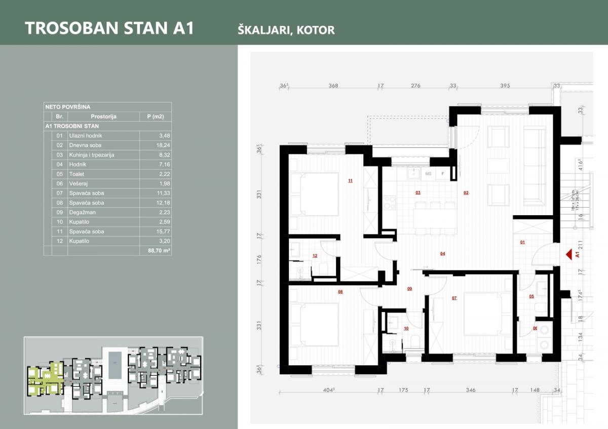 Trosoban stan u Kotoru, 89m²