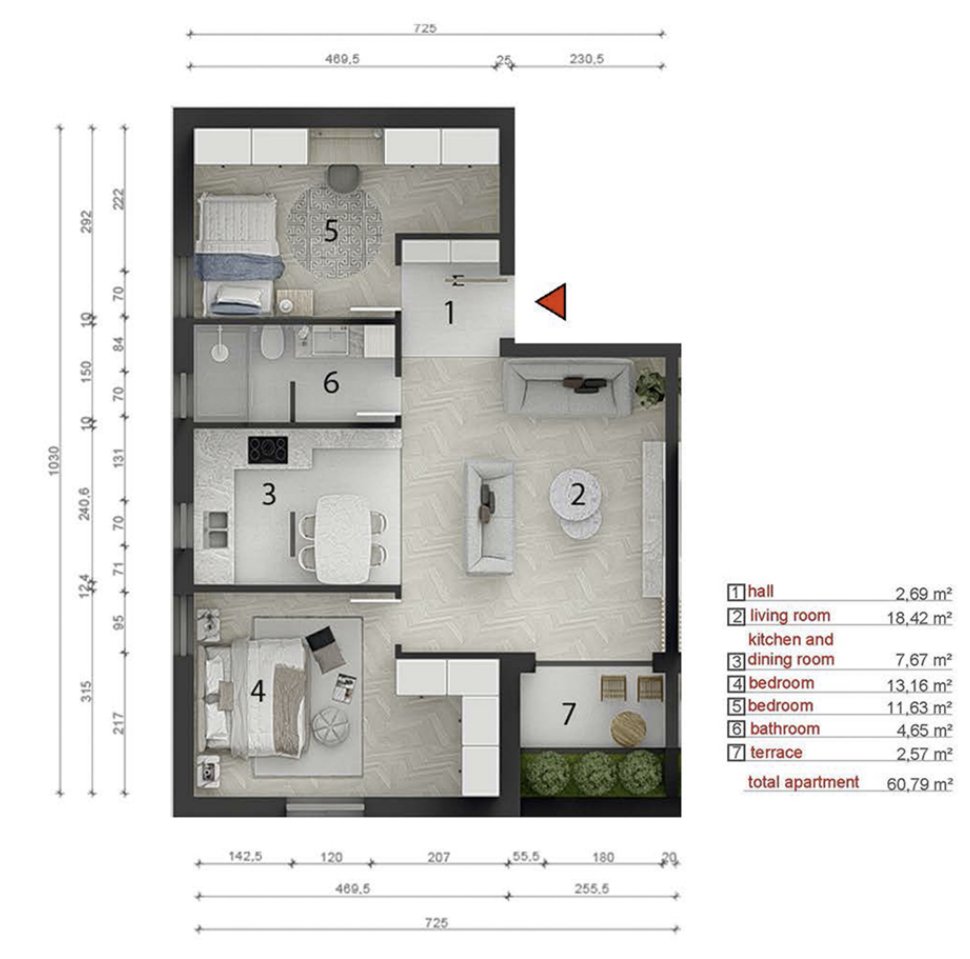 Two-room apartment 61 m² under construction with terrace – Mrčevac, Tivat — 3